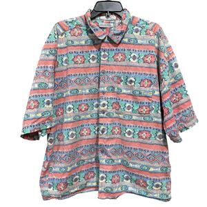 Vintage Generra Collection Shirt Men Size L Pink Green Aztec Pattern 90s Retro